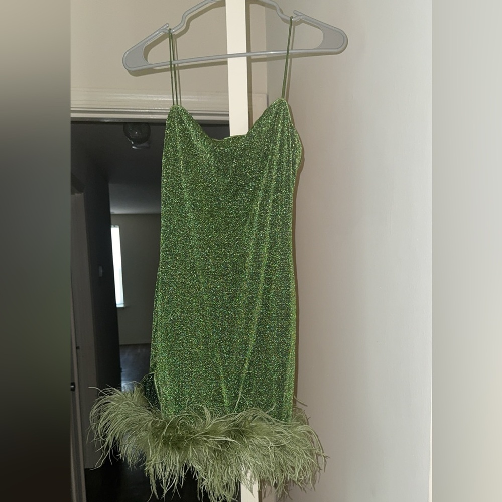 Green Mini Dress With Feathers
